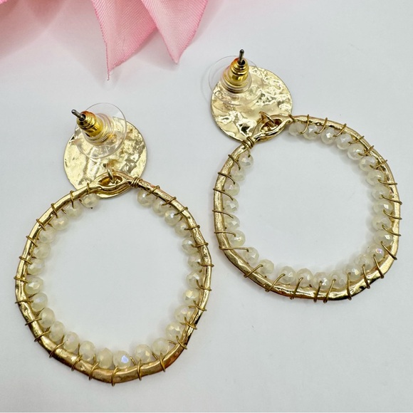 Gold Tone Beaded Circle Earrings Hammered Brutalist Primitive Boho Bohemian Glam - Picture 4 of 6